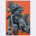 Illustration of a robot character laying on the floor with raccoons crawling around it on an orange background
