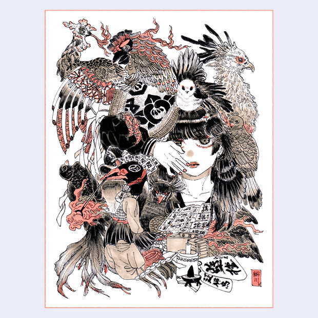 Black ink illustration with subtle tan and pink coloring, of a cartoon style woman. Her face peeks out from behind her hand and the rest of her body/head is obscured by many birds surrounding her, all of varying types with decorative string or traditional Japanese motifs around them.