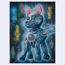 Painting of a robotic dog with capsules going into its side via a clear tube.
