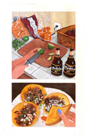 2 paintings on one page. Larger painting is of a person cutting lime on a cutting board, with 2 Modelos nearby and chips in the background. The second, smaller painting is of 3 tacos on a plate, with 1 being held in someone's hand.