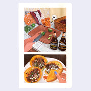 2 paintings on one page. Larger painting is of a person cutting lime on a cutting board, with 2 Modelos nearby and chips in the background. The second, smaller painting is of 3 tacos on a plate, with 1 being held in someone's hand.