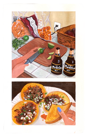 2 paintings on one page. Larger painting is of a person cutting lime on a cutting board, with 2 Modelos nearby and chips in the background. The second, smaller painting is of 3 tacos on a plate, with 1 being held in someone's hand.