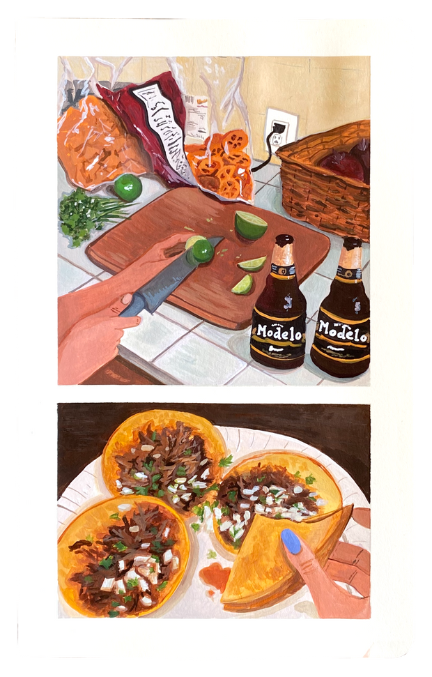 2 paintings on one page. Larger painting is of a person cutting lime on a cutting board, with 2 Modelos nearby and chips in the background. The second, smaller painting is of 3 tacos on a plate, with 1 being held in someone's hand.
