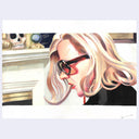 Painting of a blonde woman seen from the side, looking down with an agitated expression while wearing sunglasses.