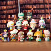 13 vinyl figures of cute happy characters dressed as popular book genre themes and titles.