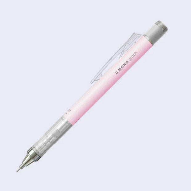 Mechanical pencil with a cherry pink body and retractable eraser.