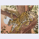 Illustration of a clouded leopard and its cubs on a tree branch with a natural background.