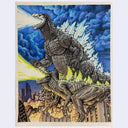 A detailed marker illustration of a monster battle scene with two reptilian creatures amidst blue storm clouds, flames, and a city skyline. The print is photographed against a plain light background.