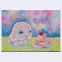 Painting of a fluffy white bunny with a small cake and cherry on a colorful background