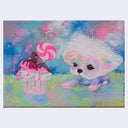 Painting of a small fluffy white dog with a cupcake and lollipop on a colorful background.