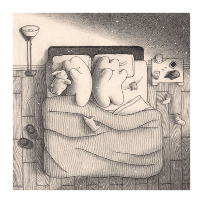 Illustration in graphite on cream paper of 2 cartoon bunnies sleeping in a bed, with stuffed animals around and the sheets kicked down.