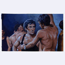 Highly rendered painting based on a film still from Cruising of a man in a black tank top, standing in a dimly lit night club. A shirtless man stands in front of him and grabs the other man's chest.