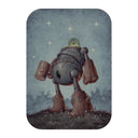 Painting of a part metal, part wooden robot standing in grass holding a mallet.