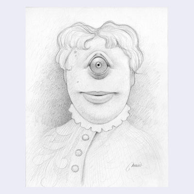 Graphite sketch of a cyclops monster dressed nicely in a high collared shirt.