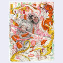 Illustration of a samurai violently slicing up tigers with his katana, with their blood and guts spilling everywhere. 