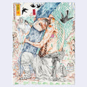 Illustration of a monk with wooden prayer bead necklace, hugging a tree.