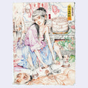 Illustration of a woman sitting on the ground and sharpening a knife with human body parts all around and a steam bun basket behind her.