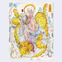 Stylistically busy drawing of a man fighting with a tiger, with the advantage on top and punching down at the tiger.