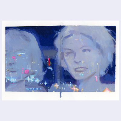 Painting based on a film still from Mulholland Drive of a woman in soft blue lighting, leaning up against a window reflecting night time city lights.