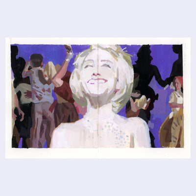 Painting of a woman illuminated in bright white lighting, with a smile and a crowd dancing in the background.