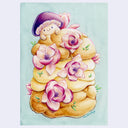 Illustration of a very tall cream puff with flowers decorating it. A cute purple mushroom character is sitting atop the cream puff.