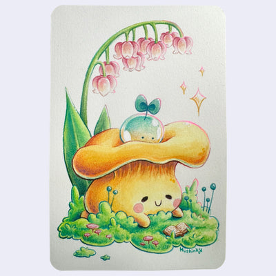 Colored pencil illustration of a yellow mushroom with a round water droplet sitting atop it. Both have cute cartoon faces. The mushroom reads a book and sits under a pink lily of the valley plant. 