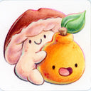 Cartoon iIlustration of a mushroom character, hugging a smiling tangerine.