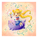 Colored pencil illustration of a stylized Sailor Moon, riding atop a chubby purple cat and holding a crescent moon shaped wand.
