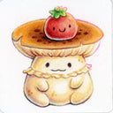 Cartoon flat topped mushroom character with a strawberry on top its head