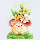 Illustration of a cute, cartoon mushroom with a chubby, stout body and a very happy expression. It sits on grass and has a bouquet of large yellow and white flowers growing atop its head.