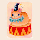 A cute illustration of an orange cat dressed as a clown, sitting on a red and yellow circus-style drum or pedestal. The cat wears a black pointed hat with blue flowers and a light blue ruffled collar.