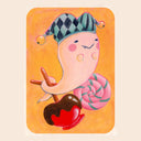 A whimsical pastel-style illustration of a pink ghost-like character wearing a green and black diamond-patterned jester hat, holding a pink-and-white striped lollipop and a chocolate-covered red apple against a warm orange background.