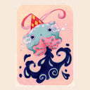 A whimsical illustration of a jellyfish wearing a red and yellow checkered party hat, floating above dark blue stylized waves on a soft pink background.