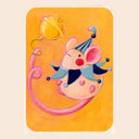 A whimsical illustration of a pink mouse wearing a blue and pink jester hat and collar, floating or dancing on a curved pink tail against a warm yellow-orange background, centered on a light beige card-like backdrop.