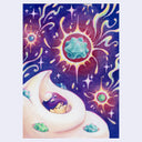 Colorful illustration of a mushroom character laying in a large dollop of whipped cream, with konpeito candy alongside them and falling from the purple sky, like a meteor shower.