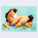 Illustration of a horse surrounded by oranges on a light blue background