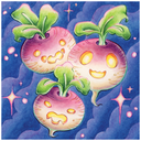 A whimsical illustration of three radish-like vegetables with green tops and glowing yellow faces, set against a starry blue background.