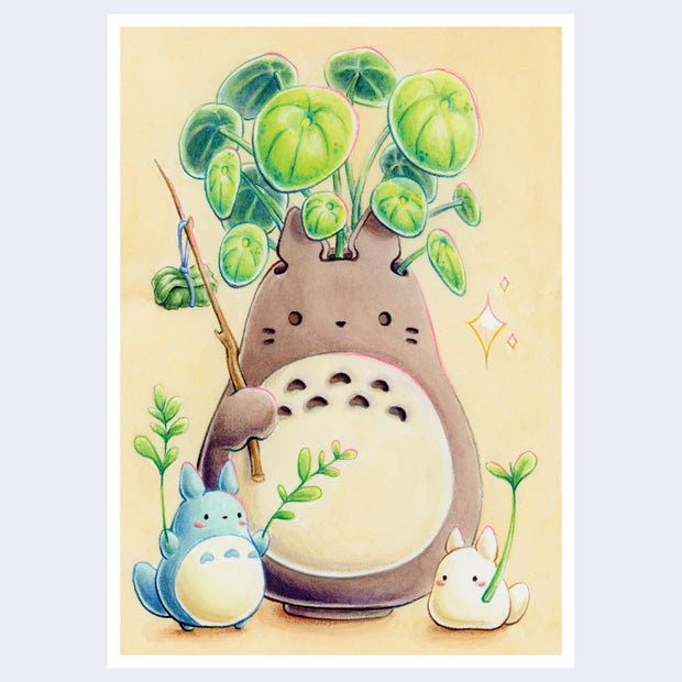 Illustration of a Totoro shaped planter, with plants growing out of it. The Totoro planter holds a fishing rod with a leaf package. It has smaller, chibi Totoro's around it.