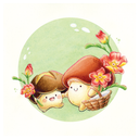 Colored pencil illustration of 2 cute mushroom characters walking while holding hands, one caries a basket and both have large flowered stems.