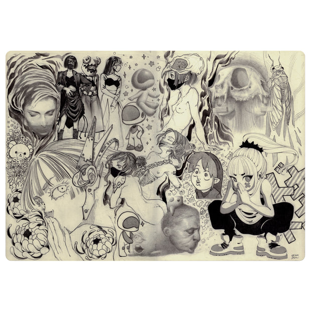 Graphite sketch of multiple different subjects on cream colored paper. Subjects include several woman in different outfits, small astronaut characters, florals and bugs and popular characters.