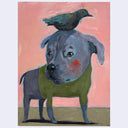 A stylized painting of a gray dog wearing an olive green sweater, with a dark blue bird perched on its head against a pink background.