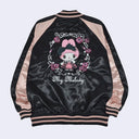 Shiny polyester bomber style jacket with a black body and light pink sleeves. The back has a large embroidery of My Melody, dressed in a fluffy pink dress and surrounded by white decorated lines and pink roses.