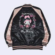 Shiny polyester bomber style jacket with a black body and light pink sleeves. The back has a large embroidery of My Melody, dressed in a fluffy pink dress and surrounded by white decorated lines and pink roses.