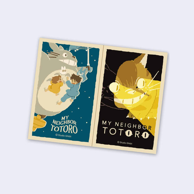 2 stickers, using artwork from My Neighbor Totoro in a vintage style. One is of children clinging to Totoro, the other is of Catbus shining its eye headlights.