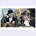 Cartoon-style illustration of two men in a bar with a humorous text overlay.