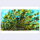 Artistic depiction of a person in a bush with text 'I want a woman!' on a blue and green background.