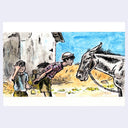 Illustration of two children with a donkey in an outdoor setting