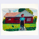 Painting of a person standing in front of a small house with a red roof.