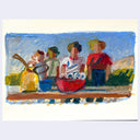 Painting of four people at a table with various items on a light blue background