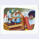 Colorful illustration of a person looking at a model sailboat.
